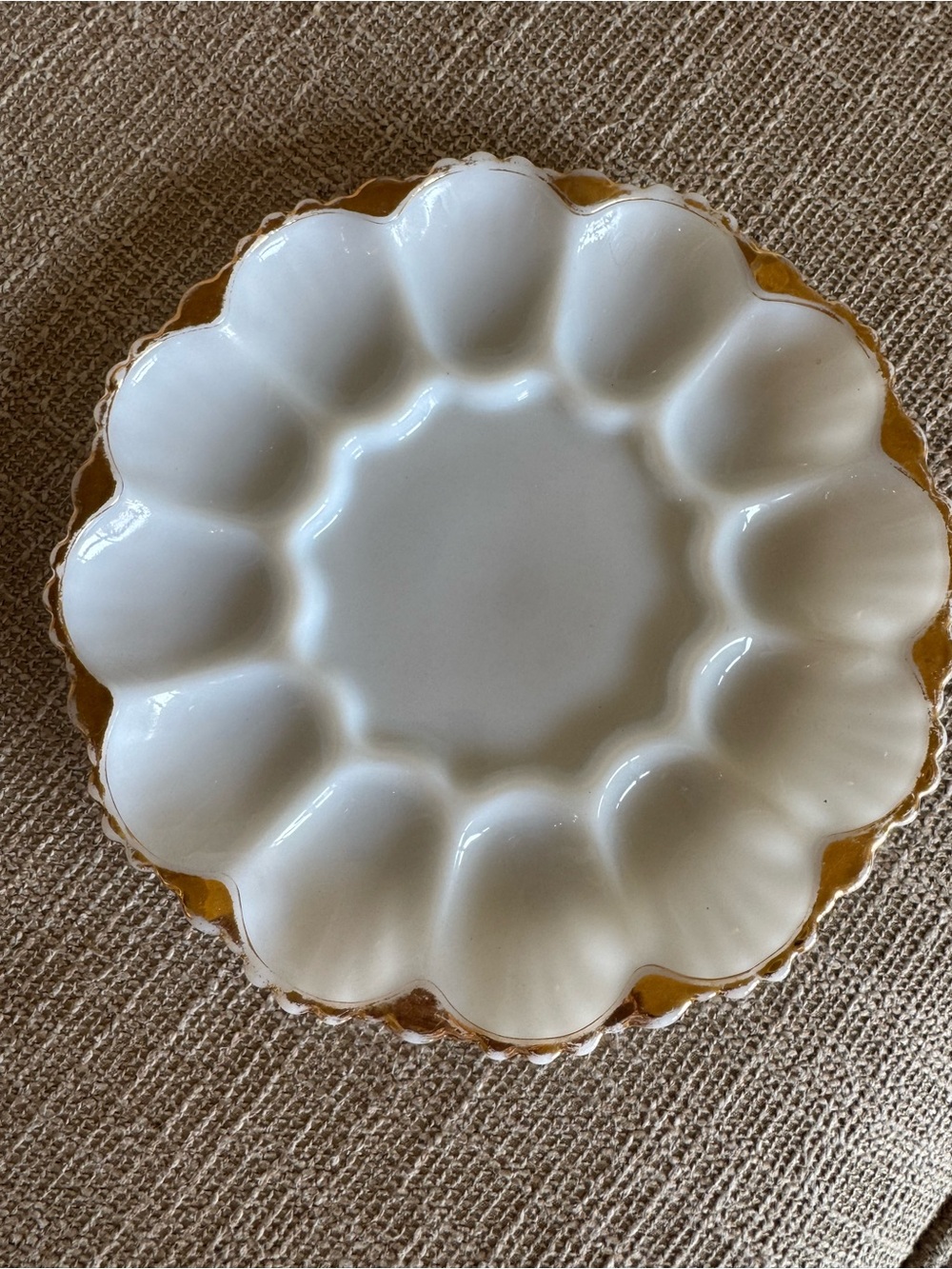 White Glass Egg Platter with Gold Trim - Elegant Serving Dish